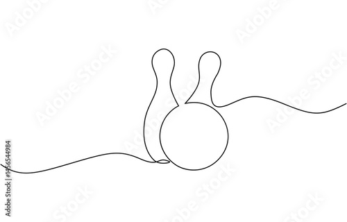 Continuous one line drawing of bowling ball sports, Bowling ball and pins in continuous one line drawing. Symbol of sports, leisure activity, and competition.