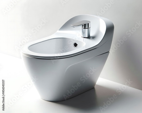 Modern Wall Hung Bidet with Sleek Chrome Faucet in a Minimalist Bathroom Setting photo