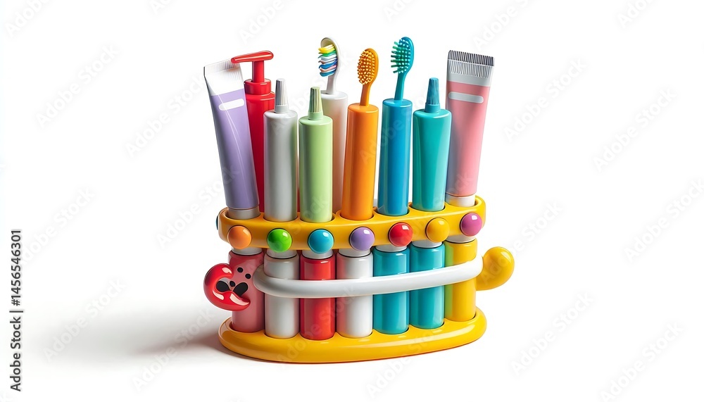 Obraz premium Colorful Bathroom Organizer with Toothbrushes Toothpaste and More