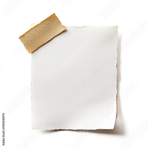 A white note paper with small brown tape attached on top side, high-detail photography style on pure white background perfect for di-cut. high-resolution deep sharpen