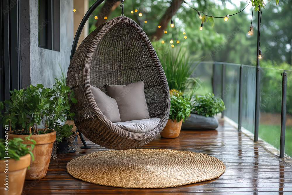 Fototapeta premium Fauteuil suspendu sur balcon cosy avec plantes et lumières d’ambiance