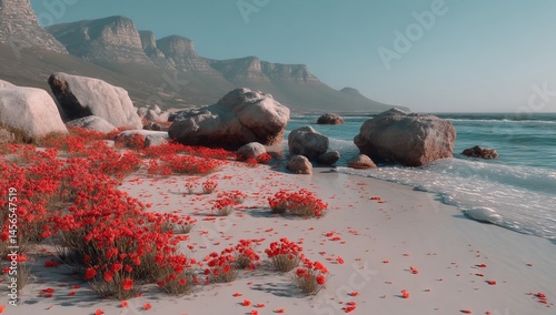 Rocks that are ovoid in shape and covered with vibrant moss thrive in the sand, foliage, and surreal surroundings