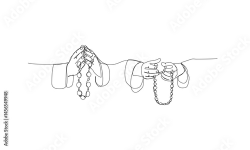 Set of hands with rosary beads, praying, Muslim prayer one line art. Continuous line drawing of online Muslims, Islam, traditions, clothing, folk, oriental.