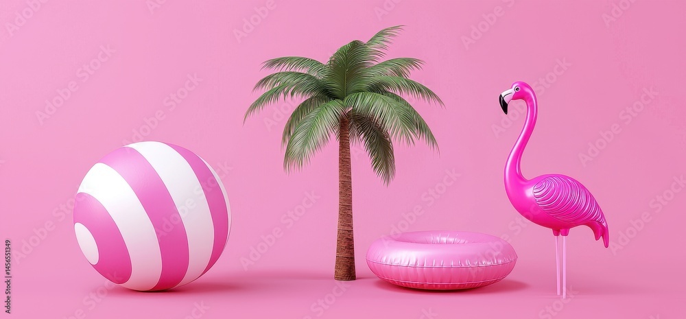 Naklejka premium Fun Summer Pool Party Elements with Palm Tree and Flamingo Decor