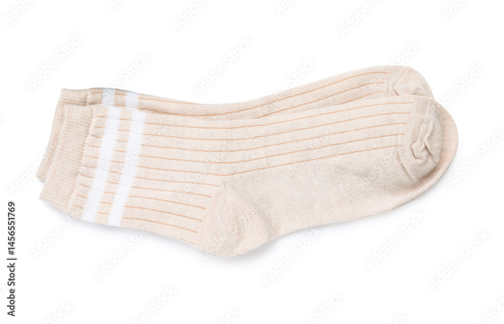 Pair of beige socks isolated on white, top view Pair of beige socks isolated on white, top view