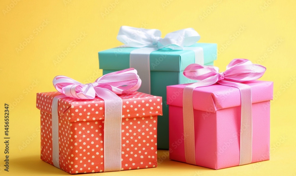 Obraz premium Colorful Gift Boxes with Ribbons on Bright Yellow Background