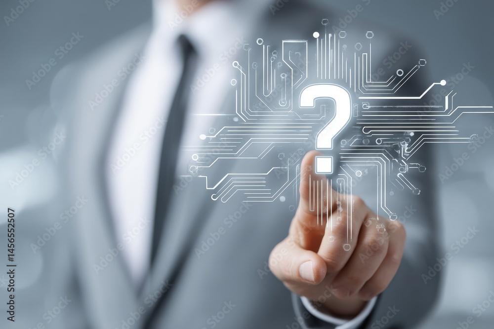 © Danila - A blurred office background serves as the setting for a man to click on a futuristic abstract virtual question mark hologram, illustrating future technology