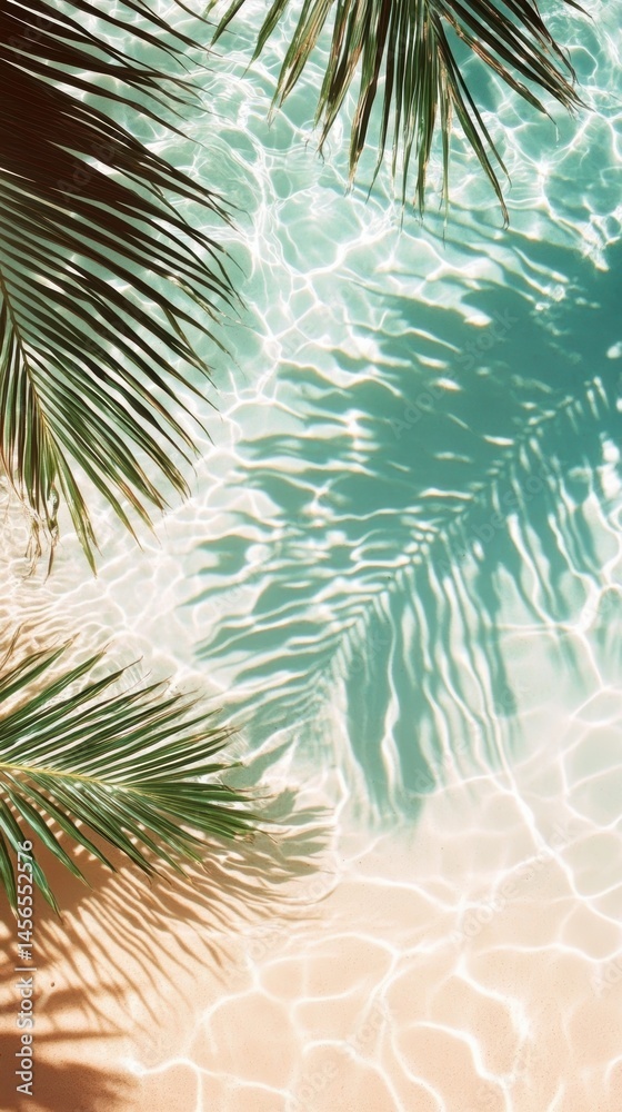 Palm fronds cast shadows on clear turquoise water and white sand beach aerial view tropical vacation destination Palm fronds cast shadows on clear turquoise water and white sand beach aerial view tropical vacation destination