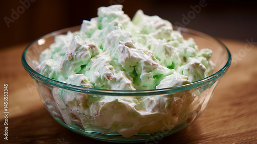 Refreshing Dessert Delight: A vibrant and appealing dessert creation, showcasing a generous portion of fluffy, green-hued goodness in a transparent bowl, poised invitingly on a polished surface.
