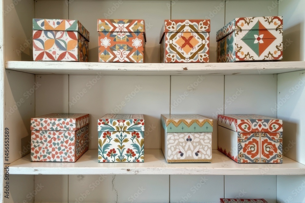 Fototapeta premium Colorful patterned boxes on white wooden shelves in a rustic setting