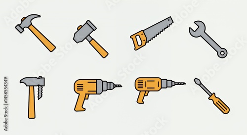 Collection of Hand Tools Icons: Hammers, Drills, Saws, Wrenches, and Screwdrivers