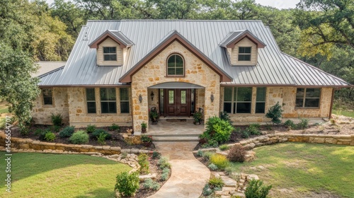 Exterior of a stone house with metal roof and landscaped yard, eye level view, Texas Hill Country style architecture