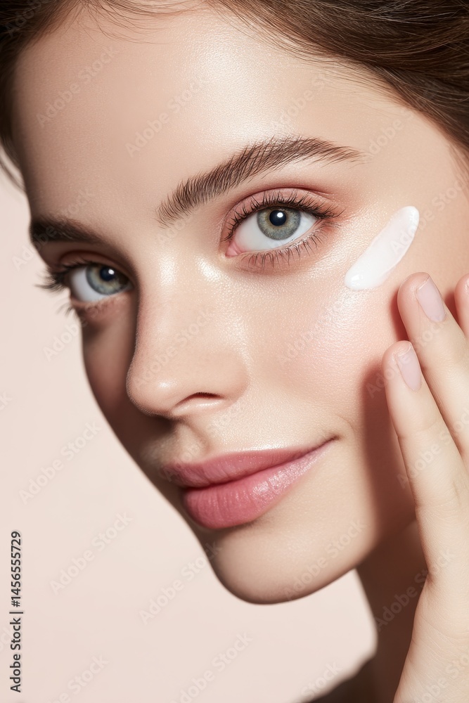 Fototapeta premium The concept of beauty and skin care is exemplified by a woman with flawless skin utilizing a facial scrub to alleviate redness and acne, while also cleansing her face after makeup with an aloe vera
