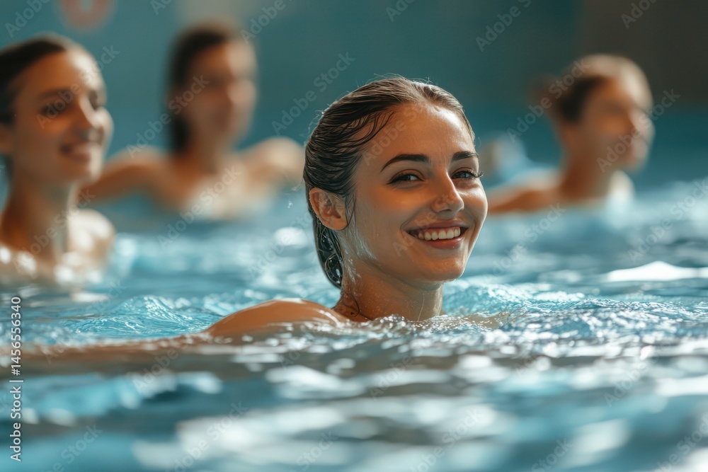 Obraz premium Group water exercise in pool with smiling people