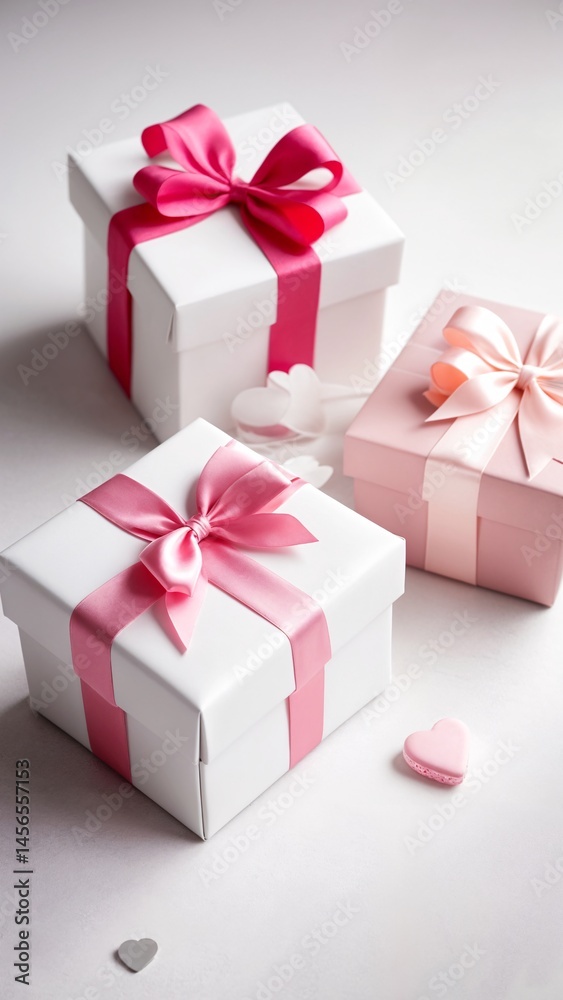 Fototapeta premium Three white boxes with pink ribbons and bows on them.