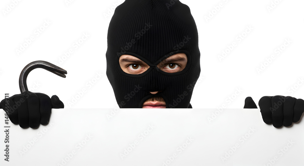 Person in Black Balaclava Holding a White Sign with Metal Hook on White Background Person in Black Balaclava Holding a White Sign with Metal Hook on White Background