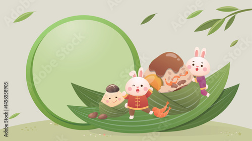 Advertisement or commercial template of cute rabbit mascot, Chinese Dragon Boat Festival and glutinous rice food Zongzi