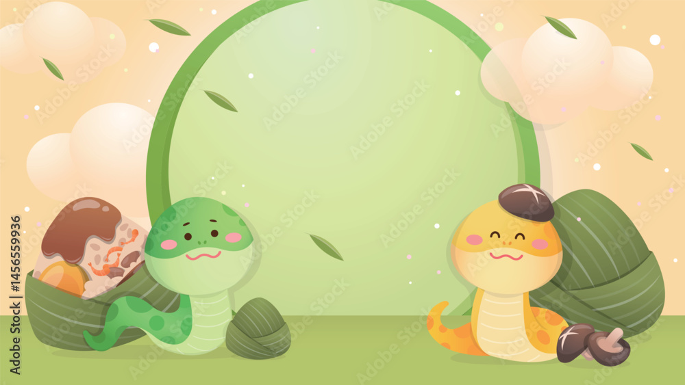 Naklejka premium Poster to celebrate Chinese Dragon Boat Festival, Zongzi and Chinese zodiac snake, happy atmosphere, delicious glutinous rice
