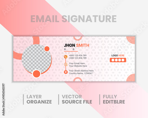 Modern minimalist email signature template with pink and white color scheme, circular photo placeholder, vector layout, editable contact details, and clean design.