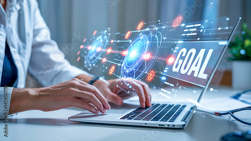 vHands typing on a silver MacBook keyboard, surrounded by a glowing, holographic data network showcasing the word 'GOAL' in a modern, tech-inspired setting