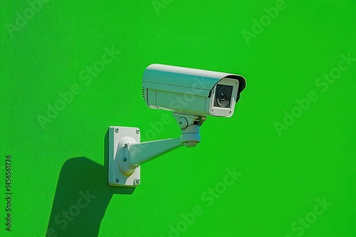 Outdoor white security camera on green house wall photo