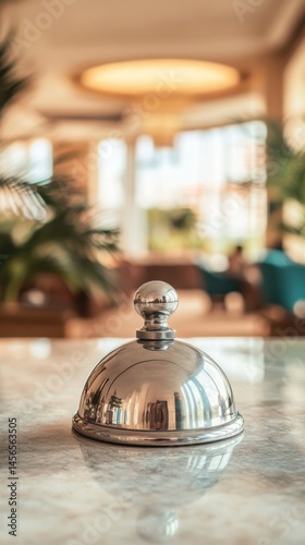Hotel service bell on marble counter in lobby interior soft focus luxury travel accommodation concierge desk