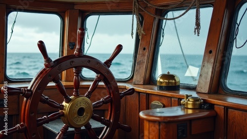 Nautical scene from a classic wooden ship's wheelhouse overlooking the ocean photo