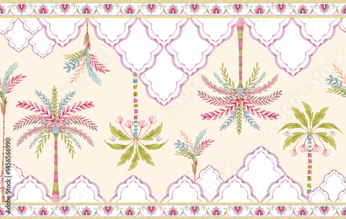 Seamless Multicolored Watercolor Moroccan Pattern with Stylized Palm Trees and Geometric Texture , Creative Repeat Modern Pattern with Ornamental Design