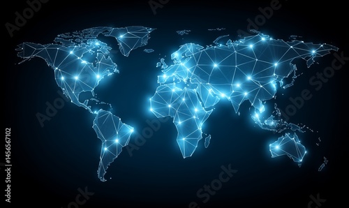 The abstract design of the world map in network technology features a motion blur panorama style with flat, luminous seascapes set beneath a dark sky blue and dark black backdrop