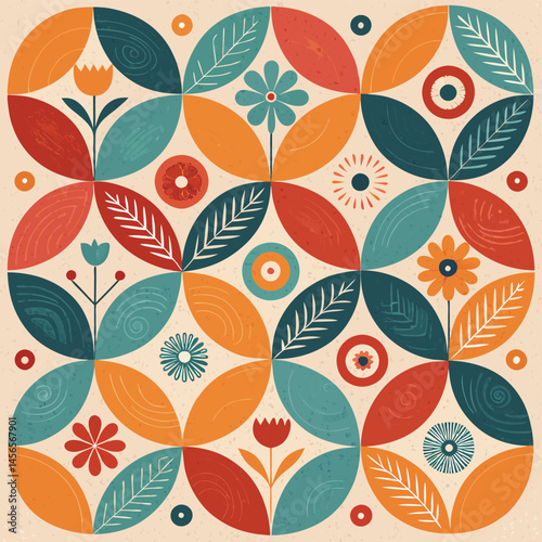 Retro Floral Geometric Pattern in Bold Colors – Seamless Vintage Decorative Background , Overlapping circles and leaves, Teal orange and red color scheme, Floral motif

