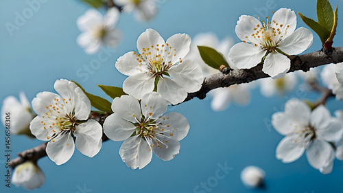 cherry tree blossom, White Blossoms on a Branch Against a Soft Blue Background