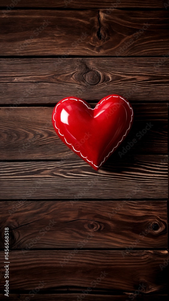 A red heart shaped object on a wooden surface.