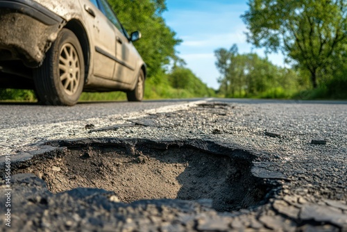 Large pothole on rural road with car tire nearby