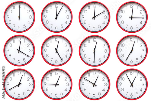 A set of 12 red wall clocks showing each hour from 00:00 to 00:55 or 12:00 to 12:55. Isolated on white background ideal for concepts related to time