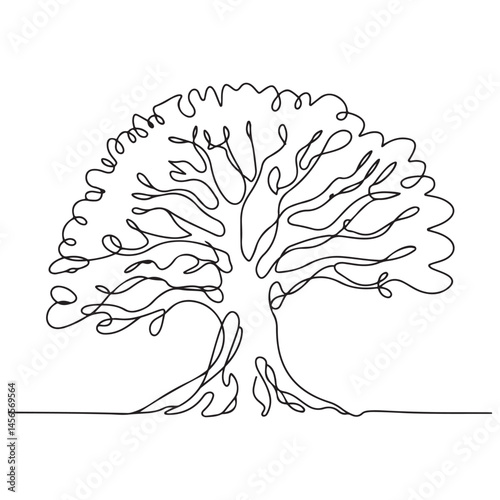 Tree in continuous line black art drawing style. Giant and powerful tree black linear design isolated on white background. Vector illustration