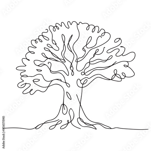 Tree in continuous line black art drawing style. Giant and powerful tree black linear design isolated on white background. Vector illustration
