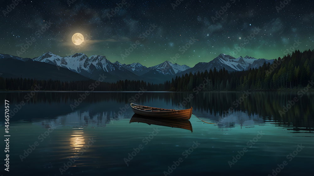 Fototapeta A photograph of a lone wooden rowboat gently resting on the surface of a glassy lake under a vibrant moonlit sky.