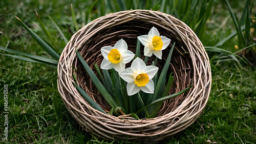 White Daffodils in a Woven Nest on Green Grass
