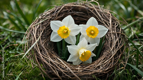 easter eggs in a nest, White Daffodils in a Woven Nest on Green Grass