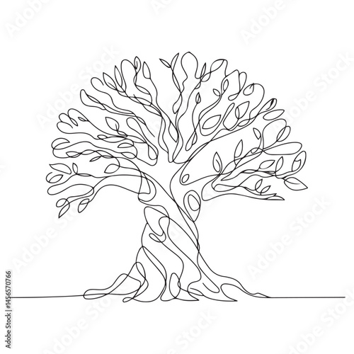 Tree in continuous line black art drawing style. Giant and powerful tree black linear design isolated on white background. Vector illustration