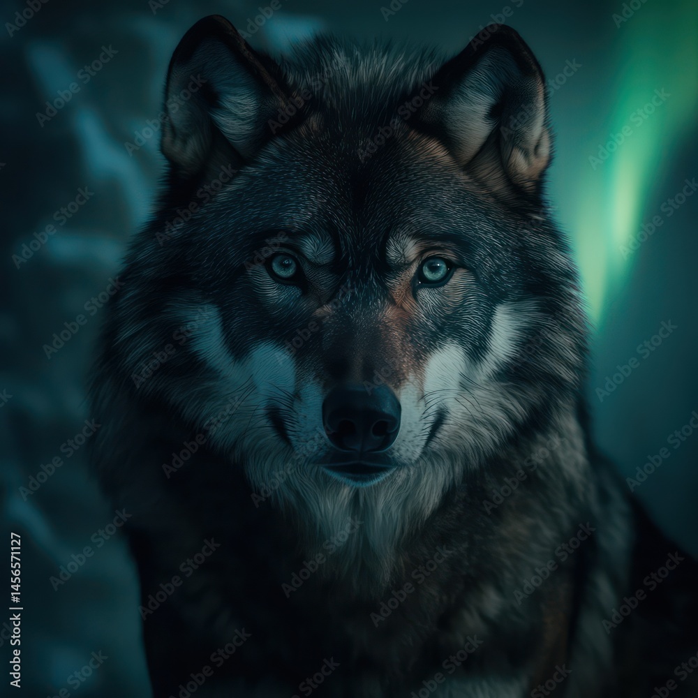 Fototapeta premium Dark wolf portrait in moody night setting