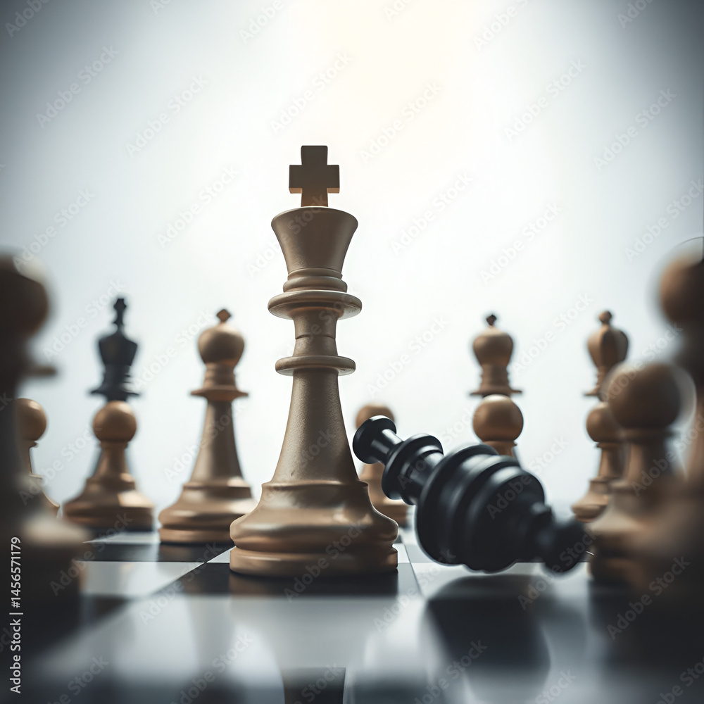 Low angle shot of the king chess peaces standing on a chess board and the white king hits and overthrows the black king and takes his place Low angle shot of the king chess peaces standing on a chess board and the white king hits and overthrows the black king and takes his place