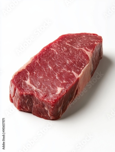 Raw New York Strip Steak Ready to be Cooked Studio Shot on White Background Close Up View Overhead Angle