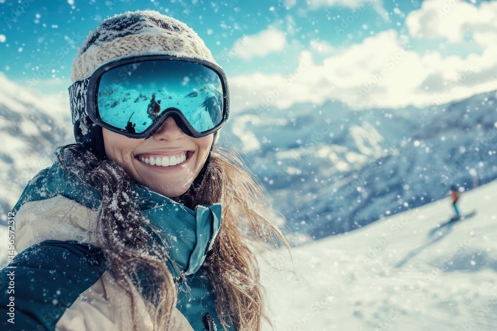Smiling woman snowboards down snowy mountain slope Smiling woman snowboards down snowy mountain slope