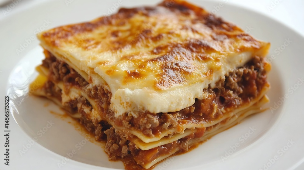Pasticcio Greek version of lasagna made with pasta ground beef in tomato sauce and bchamel sauce Captured from the top down with warm lighting on a white table setting Pasticcio Greek version of lasagna made with pasta ground beef in tomato sauce and bchamel sauce Captured from the top down with warm lighting on a white table setting