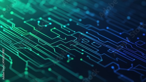 Abstract Circuit Board Design with Blue and Green Neon Elements