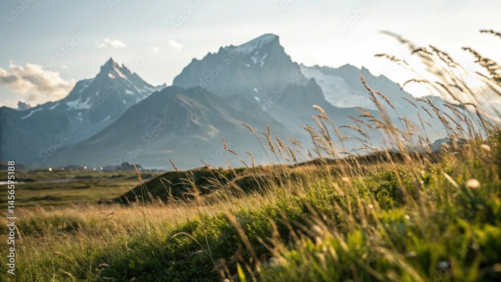 Fototapeta premium Blurred Grass, Focused Mountains: Scenic Contrast
