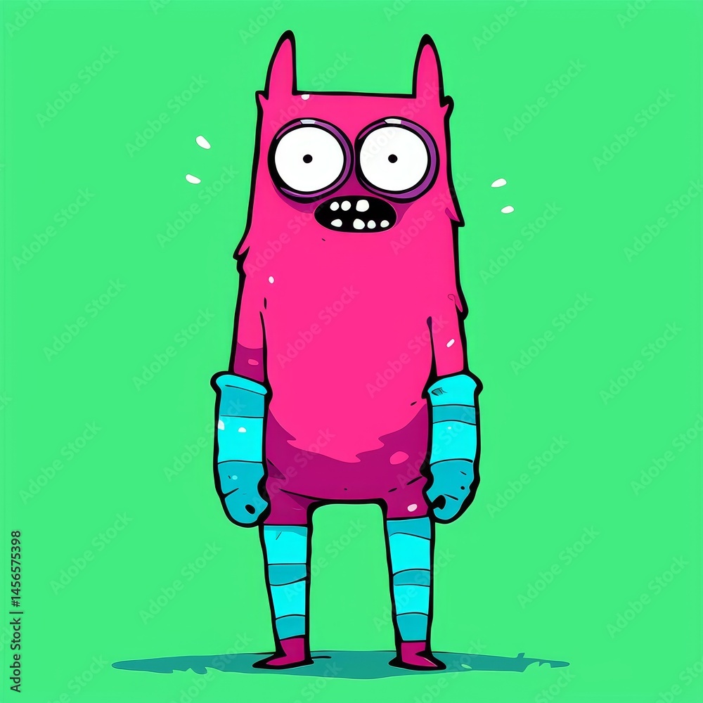 A cartoonish monster with blue and pink limbs stands on a green background