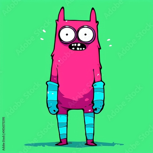 Obraz na płótnie A cartoonish monster with blue and pink limbs stands on a green background w salonie