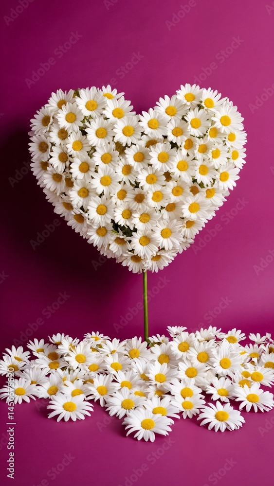 Obraz premium A heart made out of daisies on a purple background.